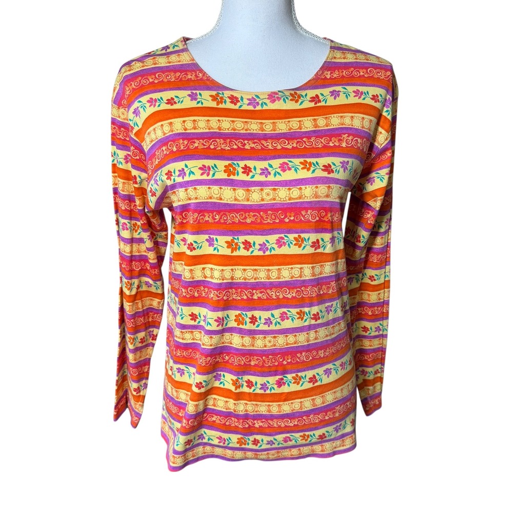Vintage LL Bean Women's Long Sleeve Striped Floral Sun Shirt Size Medium Classic